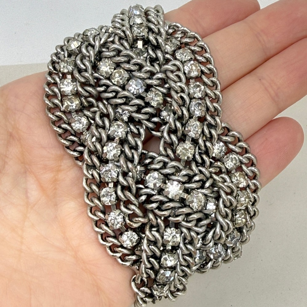 Stella & Dot Petra Braided Rhinestone Bracelet Chunky Chain Sparkle Silver Tone